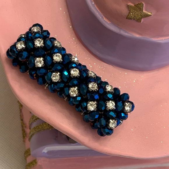 Dazzling Sapphire Blue Beaded Sparkling Elastic Bracelet, Rhinestone Jewelry - Picture 6 of 6